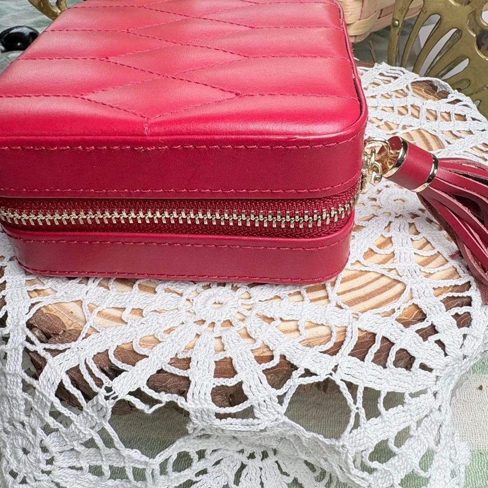 WOLF Red Square Jewelry Case Travel Organizer Quilted Tassel Leather